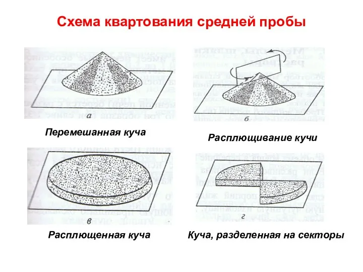 Схема квартования средней пробы Перемешанная куча Расплющивание кучи Расплющенная куча Куча, разделенная на секторы