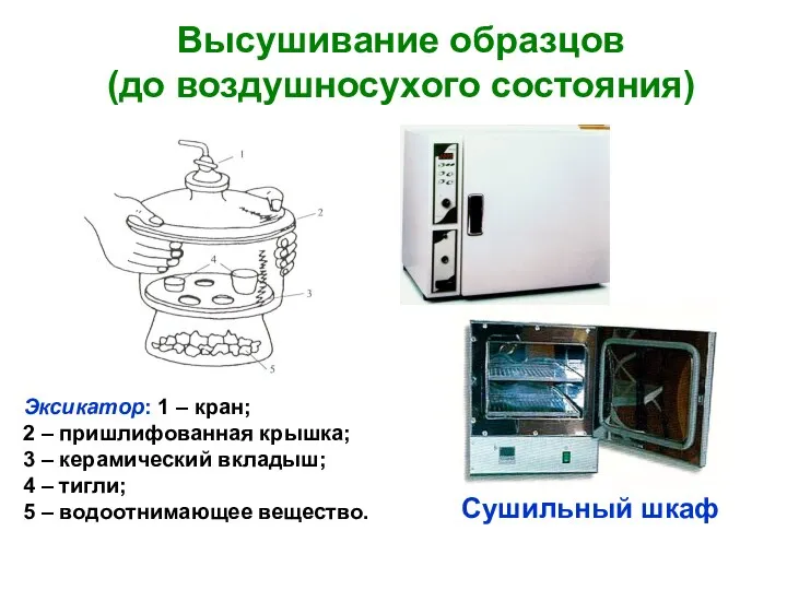 Высушивание образцов (до воздушносухого состояния) Сушильный шкаф Эксикатор: 1 – кран;