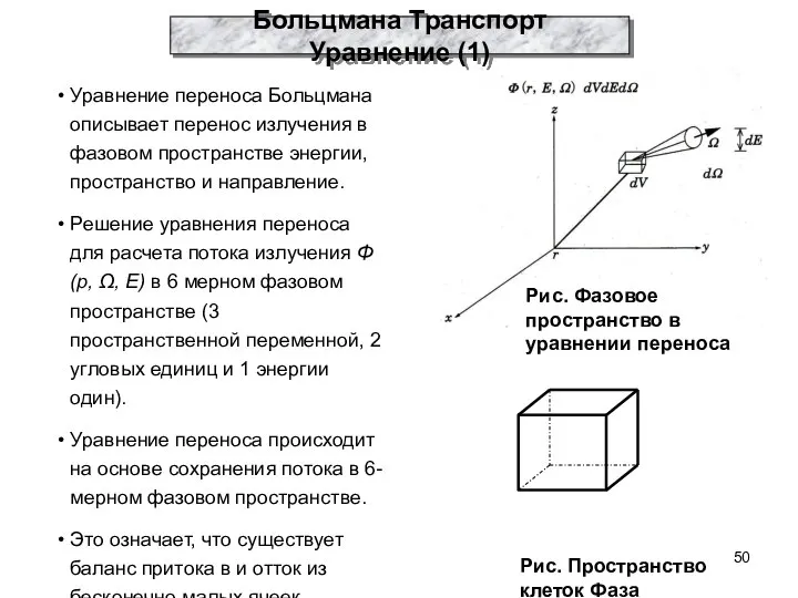 Уравнение переноса Больцмана описывает перенос излучения в фазовом пространстве энергии, пространство