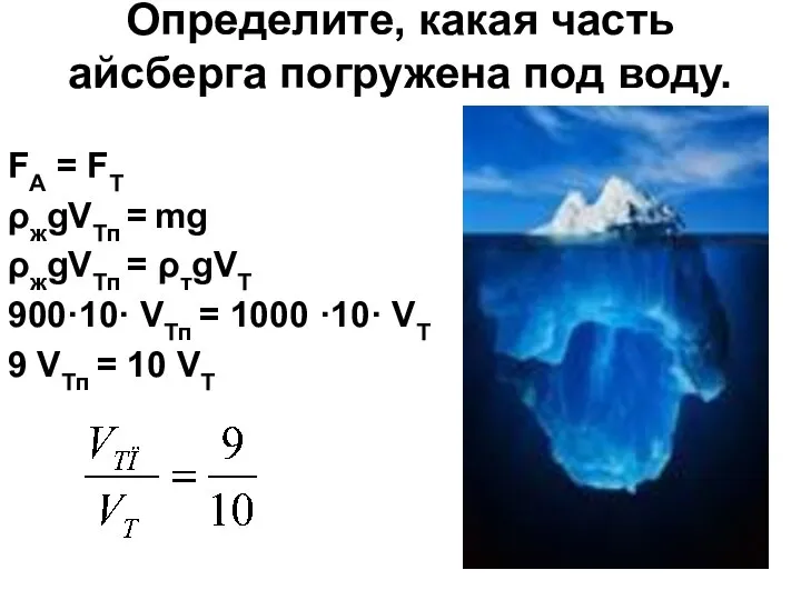 Определите, какая часть айсберга погружена под воду. FA = FT ρжgVTп