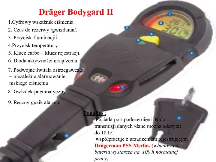 Dräger Bodygard II 1.Cyfrowy wskaźnik ciśnienia 2. Czas do rezerwy /gwizdania/.