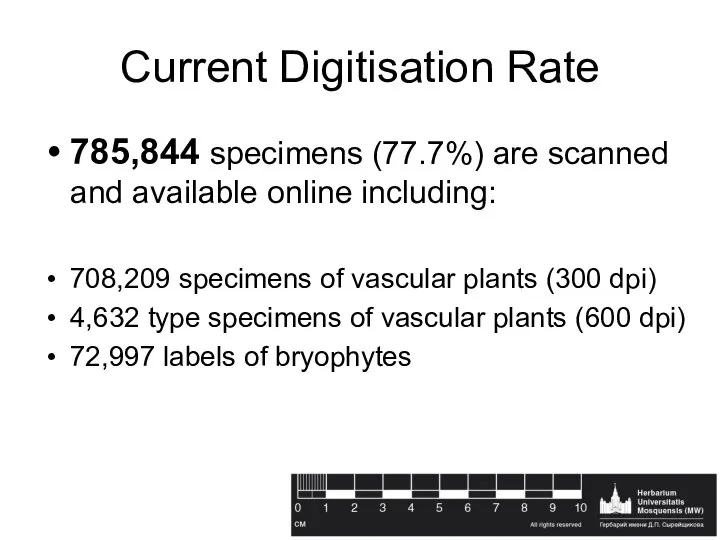 Current Digitisation Rate 785,844 specimens (77.7%) are scanned and available online