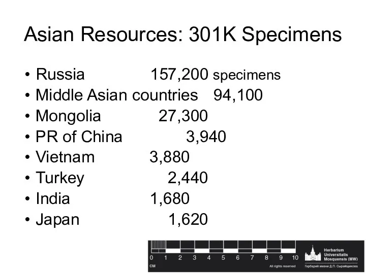 Asian Resources: 301K Specimens Russia 157,200 specimens Middle Asian countries 94,100