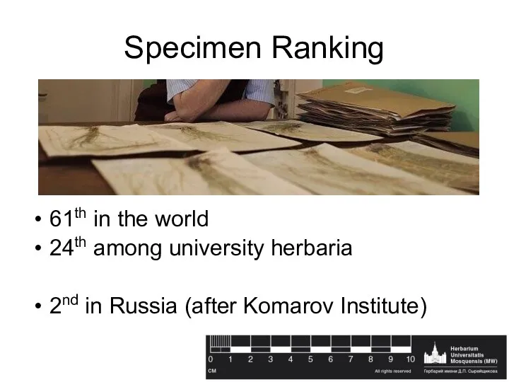 Specimen Ranking 61th in the world 24th among university herbaria 2nd in Russia (after Komarov Institute)