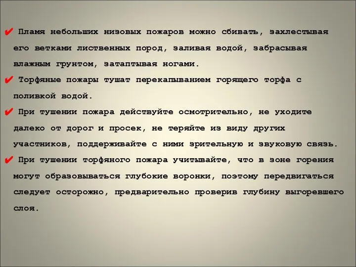 Пламя небольших низовых пожаров можно сбивать, захлестывая его ветками лиственных пород,