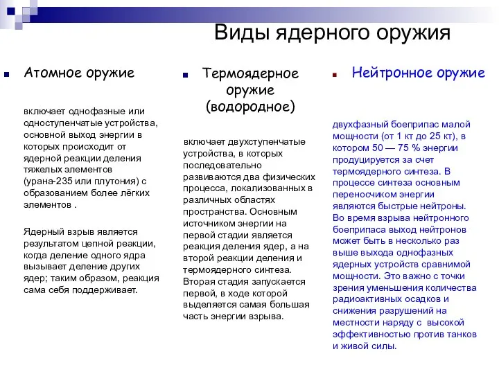 Виды ядерного оружия Атомное оружие включает однофазные или одноступенчатые устройства, основной