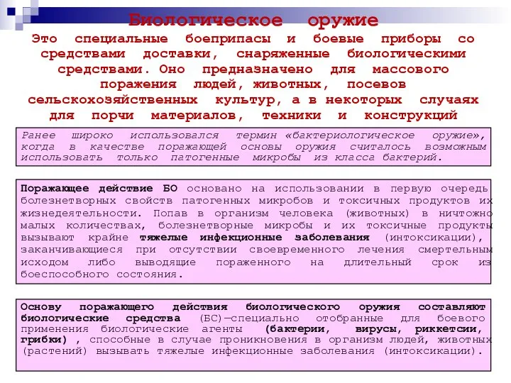 Биологическое оружие Это специальные боеприпасы и боевые приборы со средствами доставки,