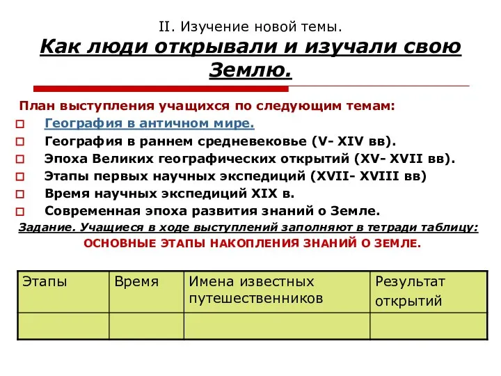 II. Изучение новой темы. Как люди открывали и изучали свою Землю.