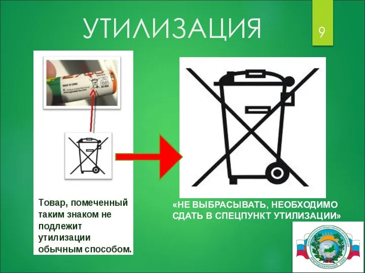 УТИЛИЗАЦИЯ «НЕ ВЫБРАСЫВАТЬ, НЕОБХОДИМО СДАТЬ В СПЕЦПУНКТ УТИЛИЗАЦИИ»