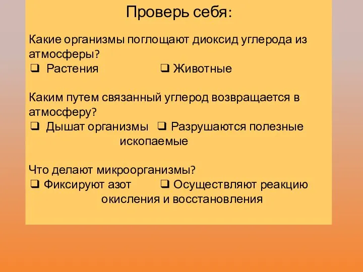 Проверь себя: Какие организмы поглощают диоксид углерода из атмосферы? ❑ Растения