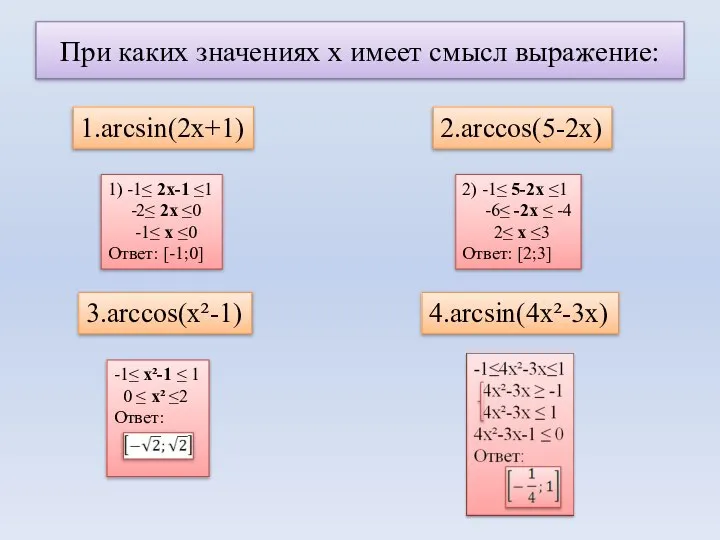 При каких значениях х имеет смысл выражение: 1.arcsin(2x+1) 2.arccos(5-2x) 3.arccos(x²-1) 4.arcsin(4x²-3x)