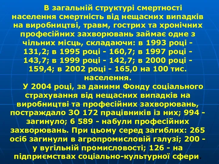 В загальній структурі смертності населення смертність від нещасних випадків на виробництві,