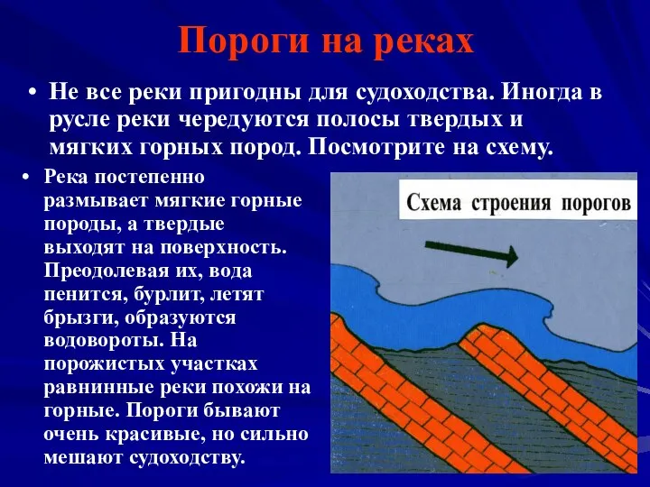 Пороги на реках Река постепенно размывает мягкие горные породы, а твердые