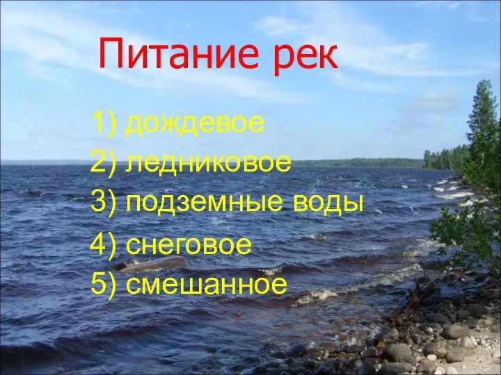 Питание рек 3) подземные воды 4) снеговoе 5) смешанное 1) дождевое 2) ледниковое