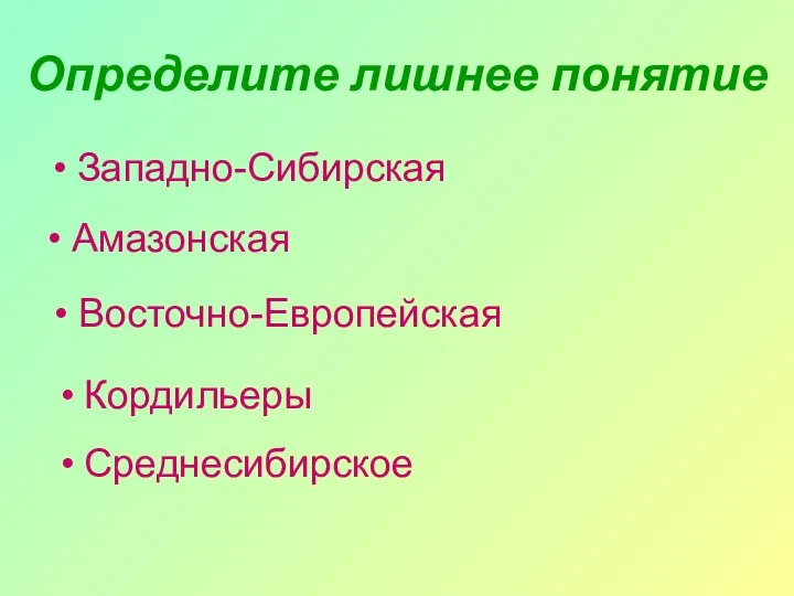 Определите лишнее понятие Западно-Сибирская Амазонская Восточно-Европейская Кордильеры Среднесибирское