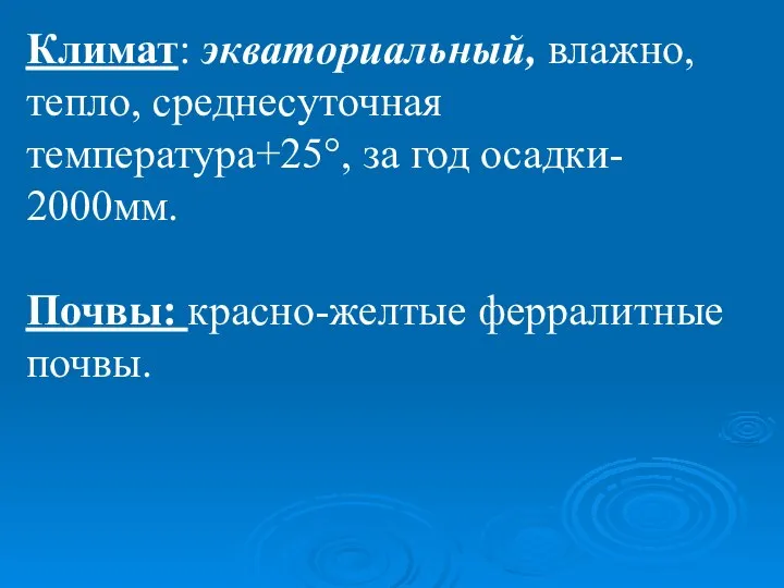 Климат: экваториальный, влажно, тепло, среднесуточная температура+25°, за год осадки- 2000мм. Почвы: красно-желтые ферралитные почвы.