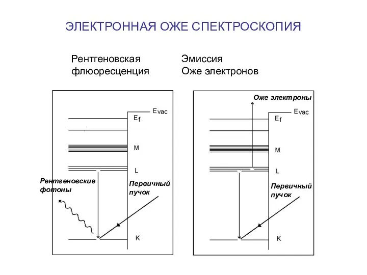 ЭЛЕКТРОННАЯ ОЖЕ СПЕКТРОСКОПИЯ Первичный пучок Оже электроны Рентгеновские фотоны Рентгеновская Эмиссия флюоресценция Оже электронов Первичный пучок