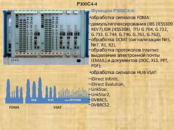 Функции Р300С4-4: обработка сигналов FDMA: демультиплексирование (IBS (IESS309 REV7),IDR (IESS308), ITU
