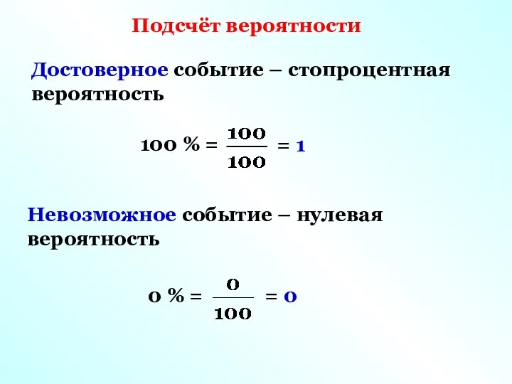 Подсчёт вероятности Достоверное событие – стопроцентная вероятность 100 % = =