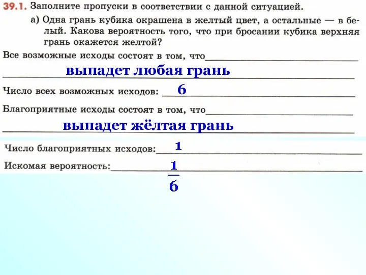 выпадет любая грань 6 выпадет жёлтая грань 1