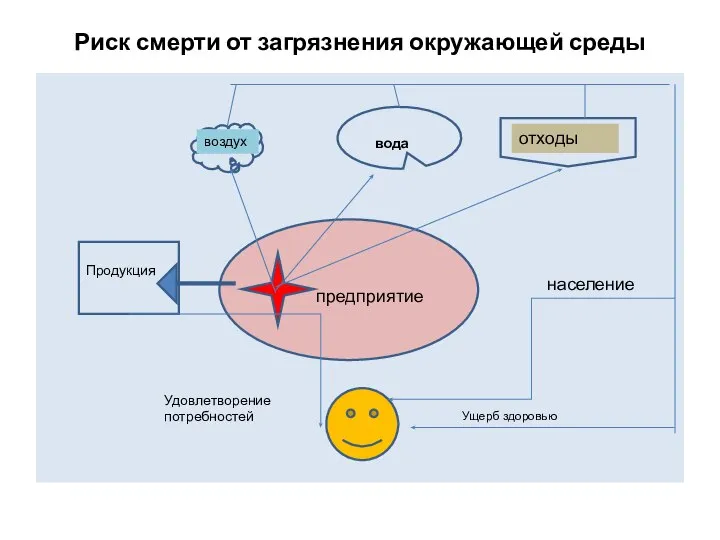 Риск смерти от загрязнения окружающей среды вода население предприятие Продукция воздух отходы Удовлетворение потребностей Ущерб здоровью