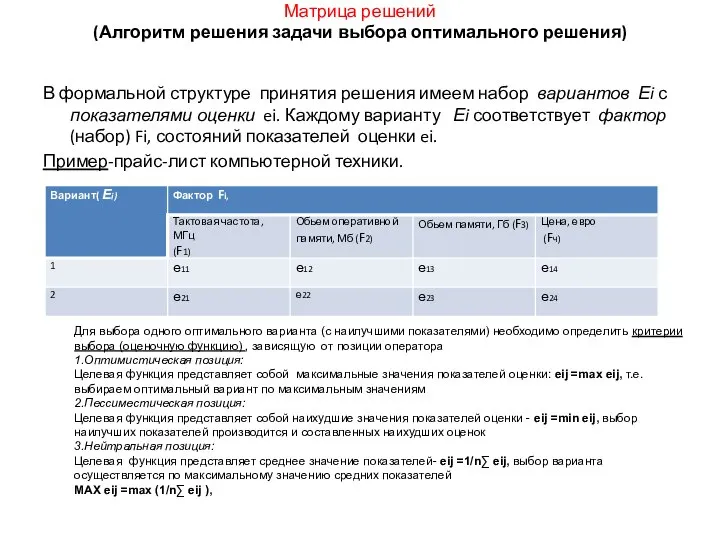 Матрица решений (Алгоритм решения задачи выбора оптимального решения) В формальной структуре