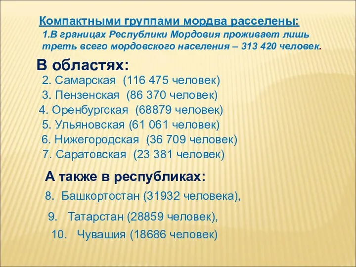 Компактными группами мордва расселены: 1.В границах Республики Мордовия проживает лишь треть