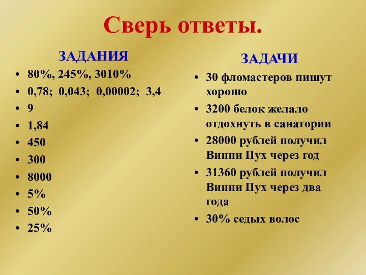 Сверь ответы. ЗАДАНИЯ 80%, 245%, 3010% 0,78; 0,043; 0,00002; 3,4 9