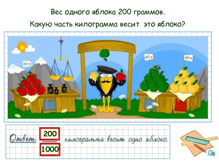 Вес одного яблока 200 граммов. Какую часть килограмма весит это яблоко?