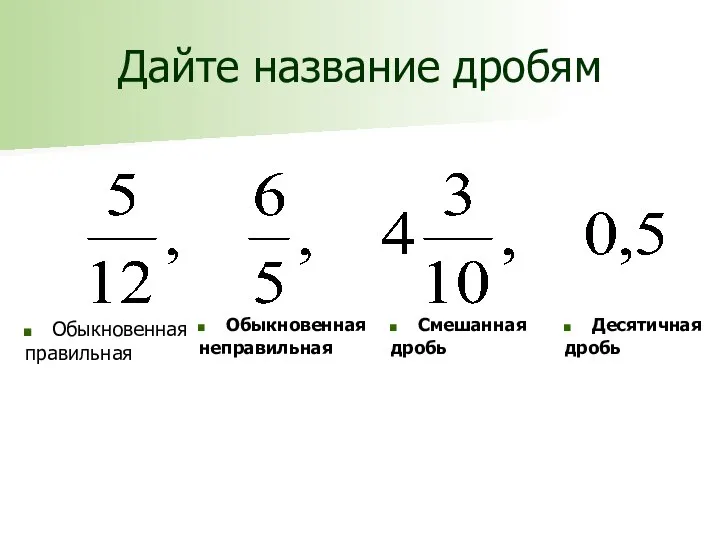 Дайте название дробям Обыкновенная правильная Обыкновенная неправильная Смешанная дробь Десятичная дробь