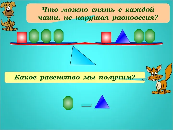 Что можно снять с каждой чаши, не нарушая равновесия? Какое равенство мы получим? =