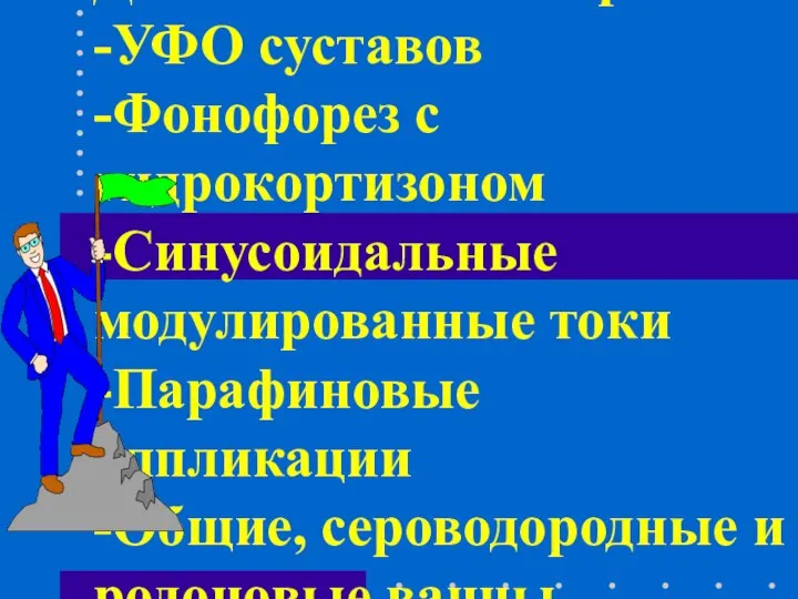 Дополнительная терапия: -УФО суставов -Фонофорез с гидрокортизоном -Синусоидальные модулированные токи -Парафиновые