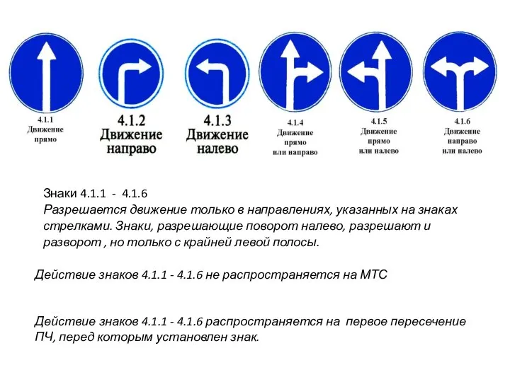 Знаки 4.1.1 - 4.1.6 Разрешается движение только в направлениях, указанных на