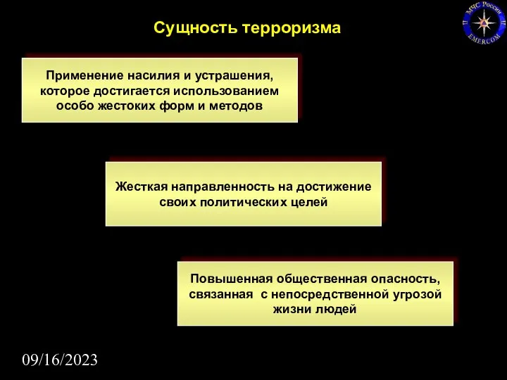 09/16/2023 Сущность терроризма Применение насилия и устрашения, которое достигается использованием особо