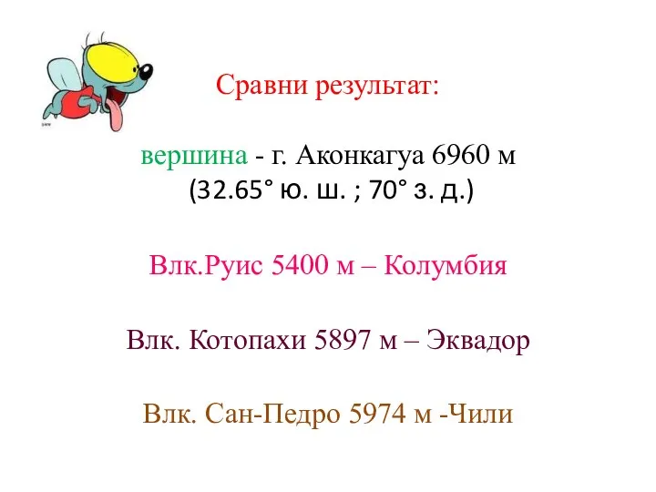 Сравни результат: вершина - г. Аконкагуа 6960 м (32.65° ю. ш.