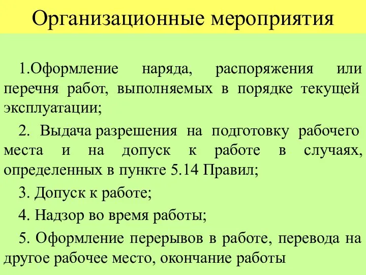 Организационные мероприятия 1.Оформление наряда, распоряжения или перечня работ, выполняемых в порядке