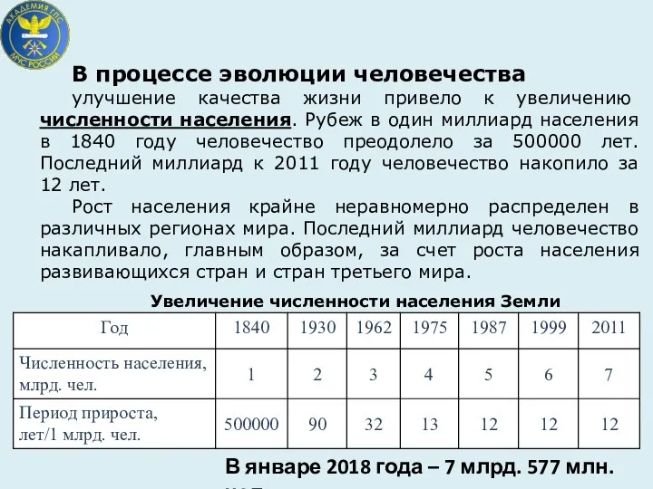 В процессе эволюции человечества улучшение качества жизни привело к увеличению численности