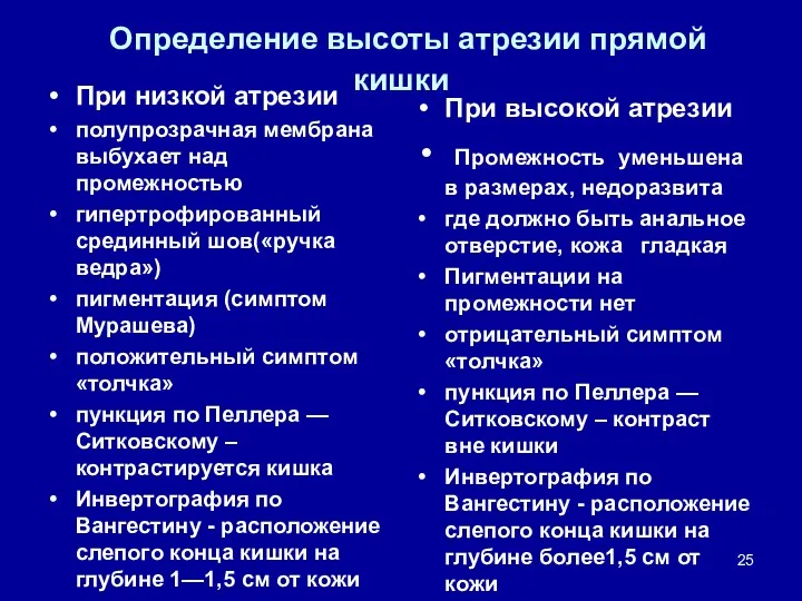 Определение высоты атрезии прямой кишки При низкой атрезии полупрозрачная мембрана выбухает