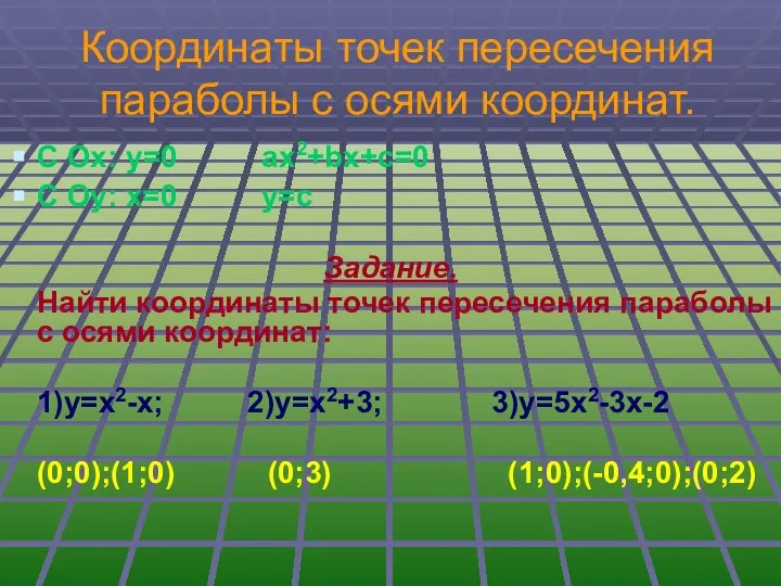 Координаты точек пересечения параболы с осями координат. С Ох: у=0 ах2+bх+с=0