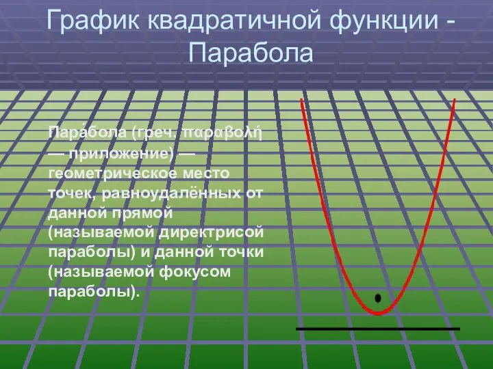 График квадратичной функции -Парабола Пара́бола (греч. παραβολή — приложение) — геометрическое