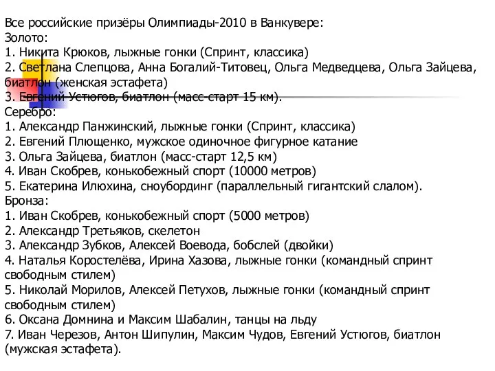 Все российские призёры Олимпиады-2010 в Ванкувере: Золото: 1. Никита Крюков, лыжные