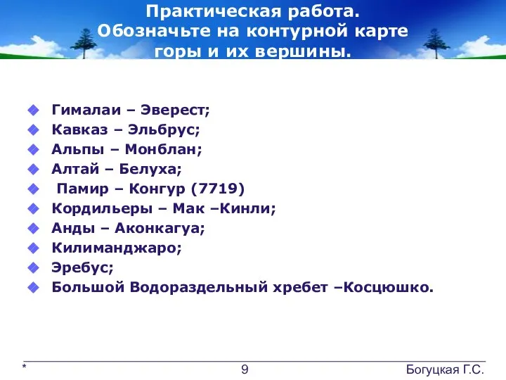 Практическая работа. Обозначьте на контурной карте горы и их вершины. Гималаи