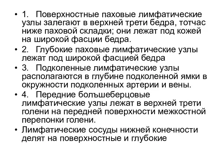 1. Поверхностные паховые лимфатические узлы залегают в верхней трети бедра, тотчас