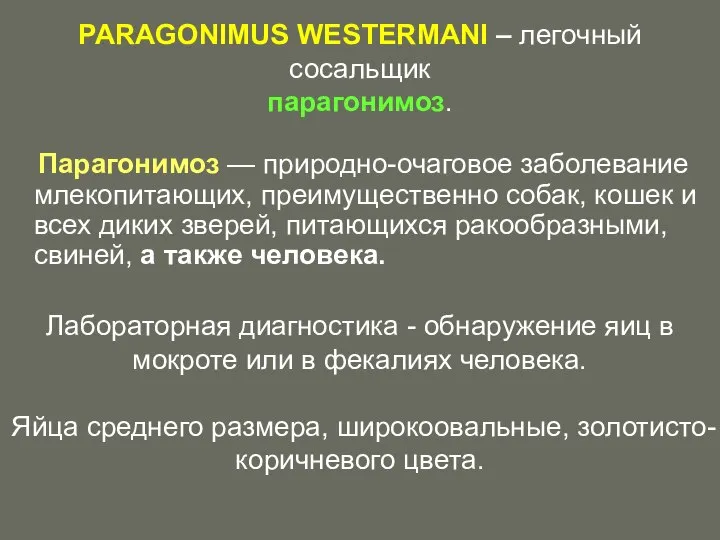 Парагонимоз — природно-очаговое заболевание млекопитающих, преимущественно собак, кошек и всех диких