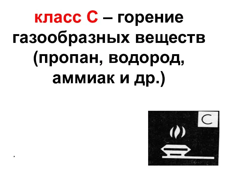 * класс C – горение газообразных веществ (пропан, водород, аммиак и др.)