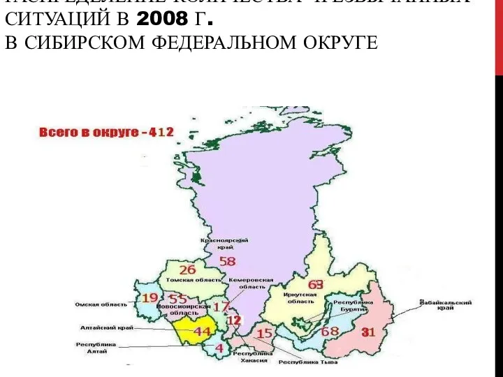 РАСПРЕДЕЛЕНИЕ КОЛИЧЕСТВА ЧРЕЗВЫЧАЙНЫХ СИТУАЦИЙ В 2008 Г. В СИБИРСКОМ ФЕДЕРАЛЬНОМ ОКРУГЕ