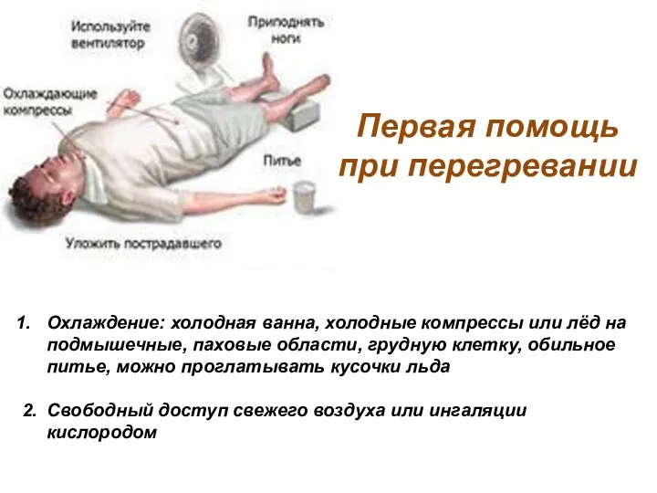 Первая помощь при перегревании Охлаждение: холодная ванна, холодные компрессы или лёд