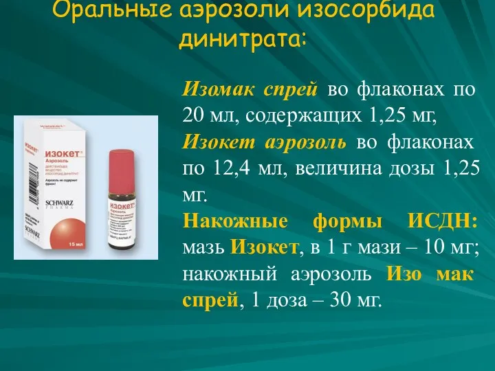 Оральные аэрозоли изосорбида динитрата: Изомак спрей во флаконах по 20 мл,