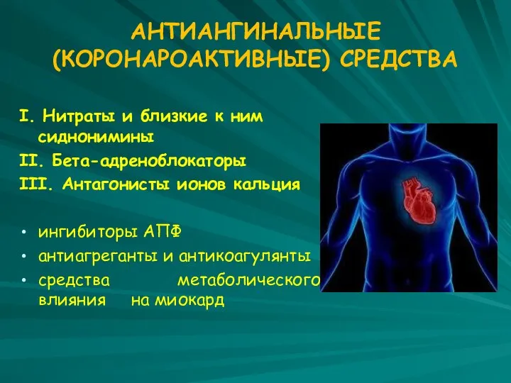 АНТИАНГИНАЛЬНЫЕ (КОРОНАРОАКТИВНЫЕ) СРЕДСТВА І. Нитраты и близкие к ним сиднонимины ІІ.