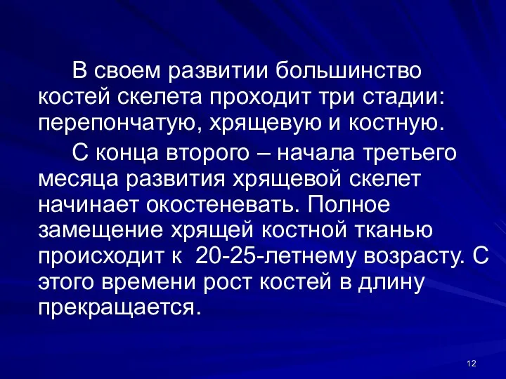 В своем развитии большинство костей скелета проходит три стадии: перепончатую, хрящевую